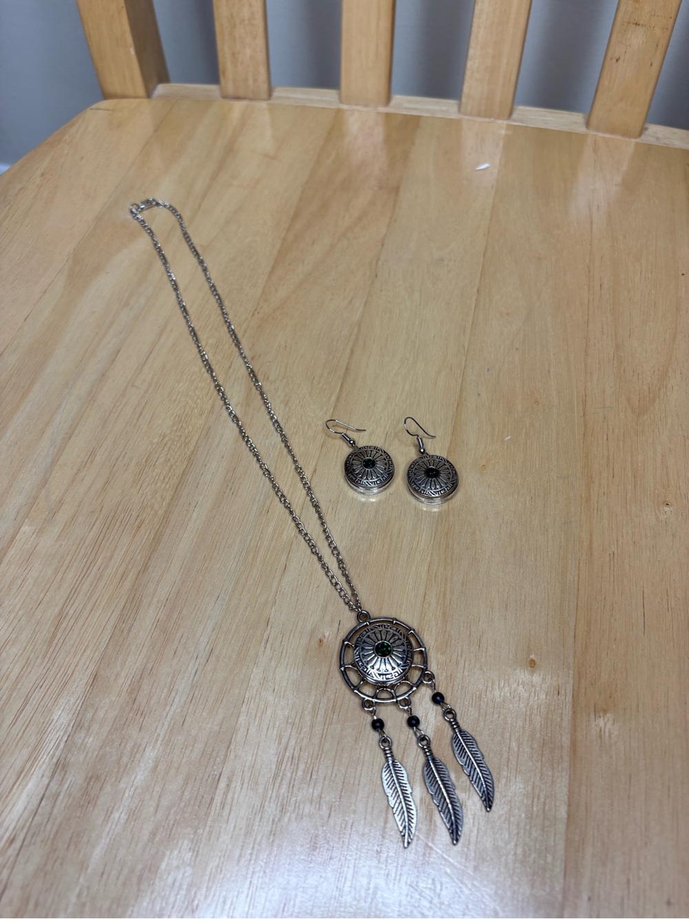 Native American Silver Dreamcatcher Feather Pendant Necklace and Earrings Set